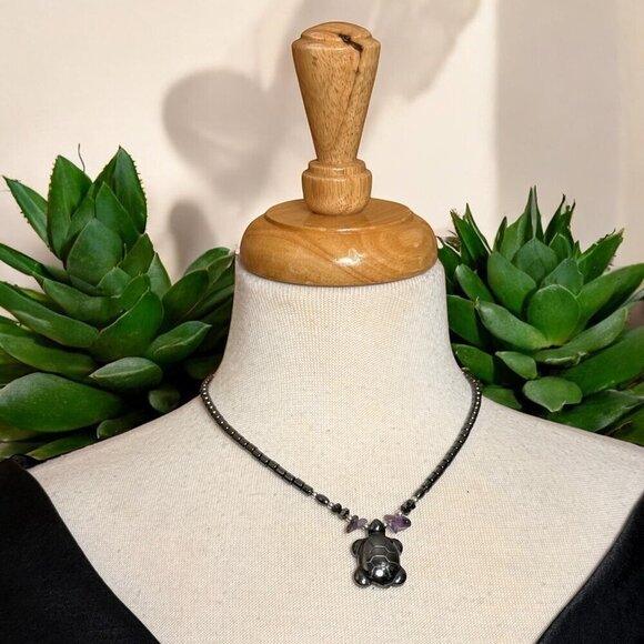 Hematite Bead Necklace with Turtle Pendant Amethyst - Picture 2 of 7